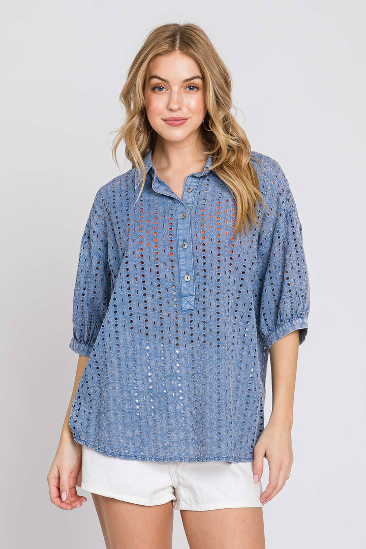 Cotton Eyelet Washed Top - 2 colors (Pink/Blue)