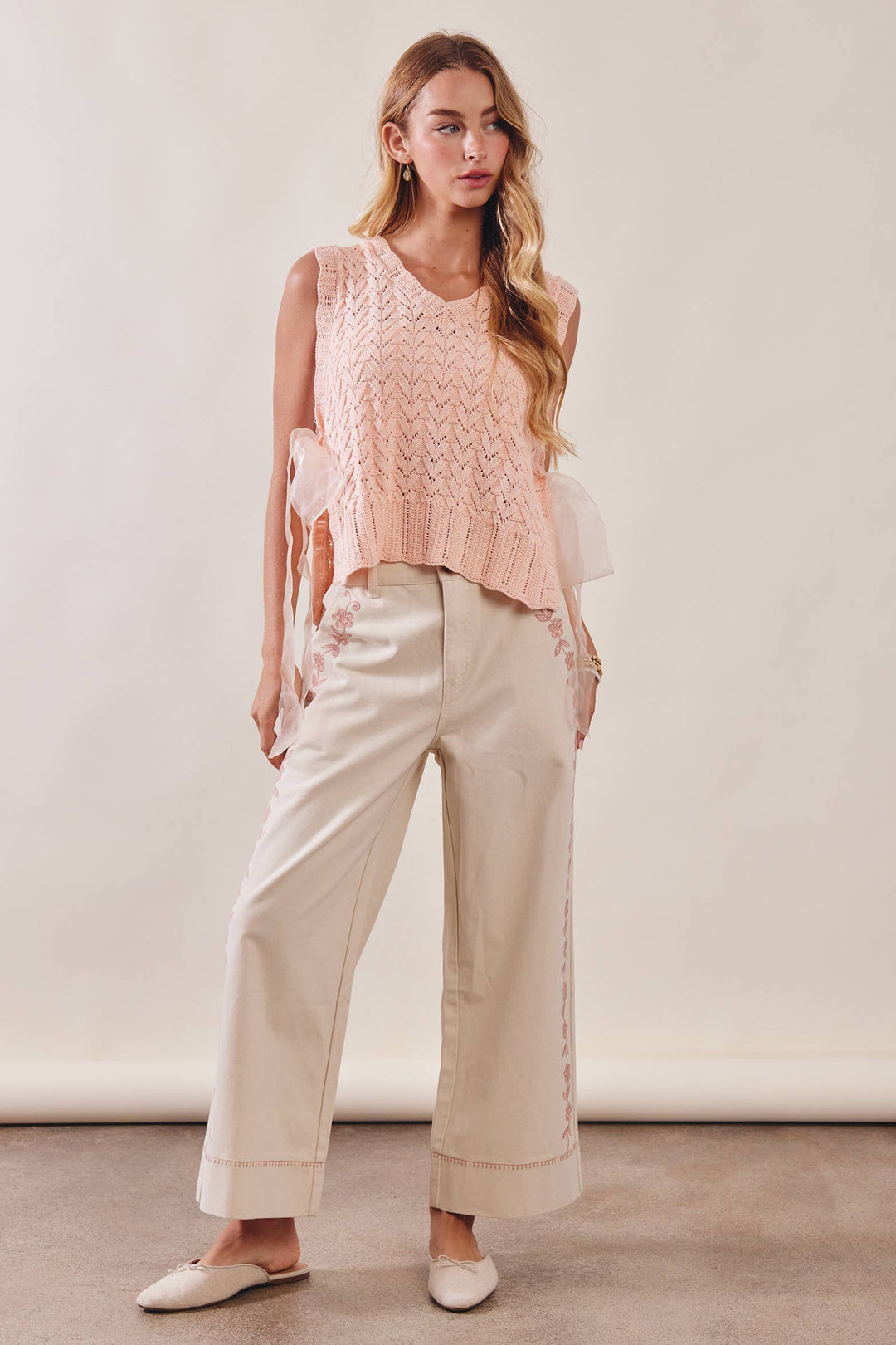 Floral Embroidered Cropped Ecru Wide-Leg Pants