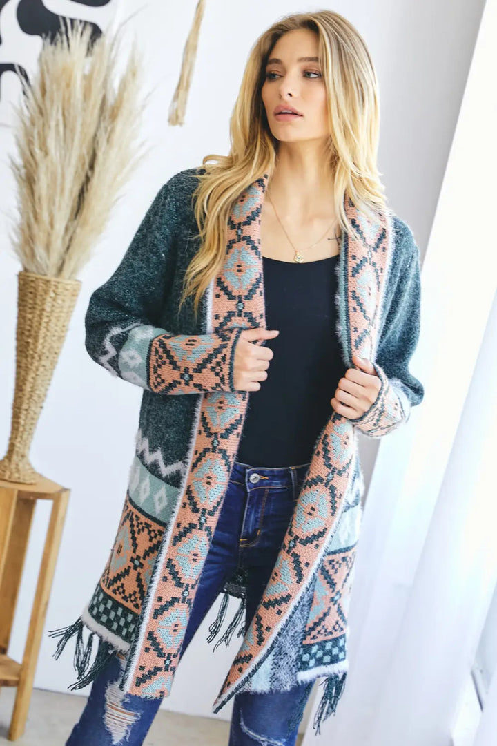 Davi & Dani  TRIBAL AZTEC PRINT LONG SLEEVE CARDIGAN- Sage