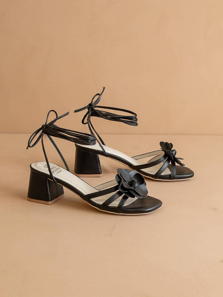 The Roseville Black | Strappy Lace-Up Rose Heel