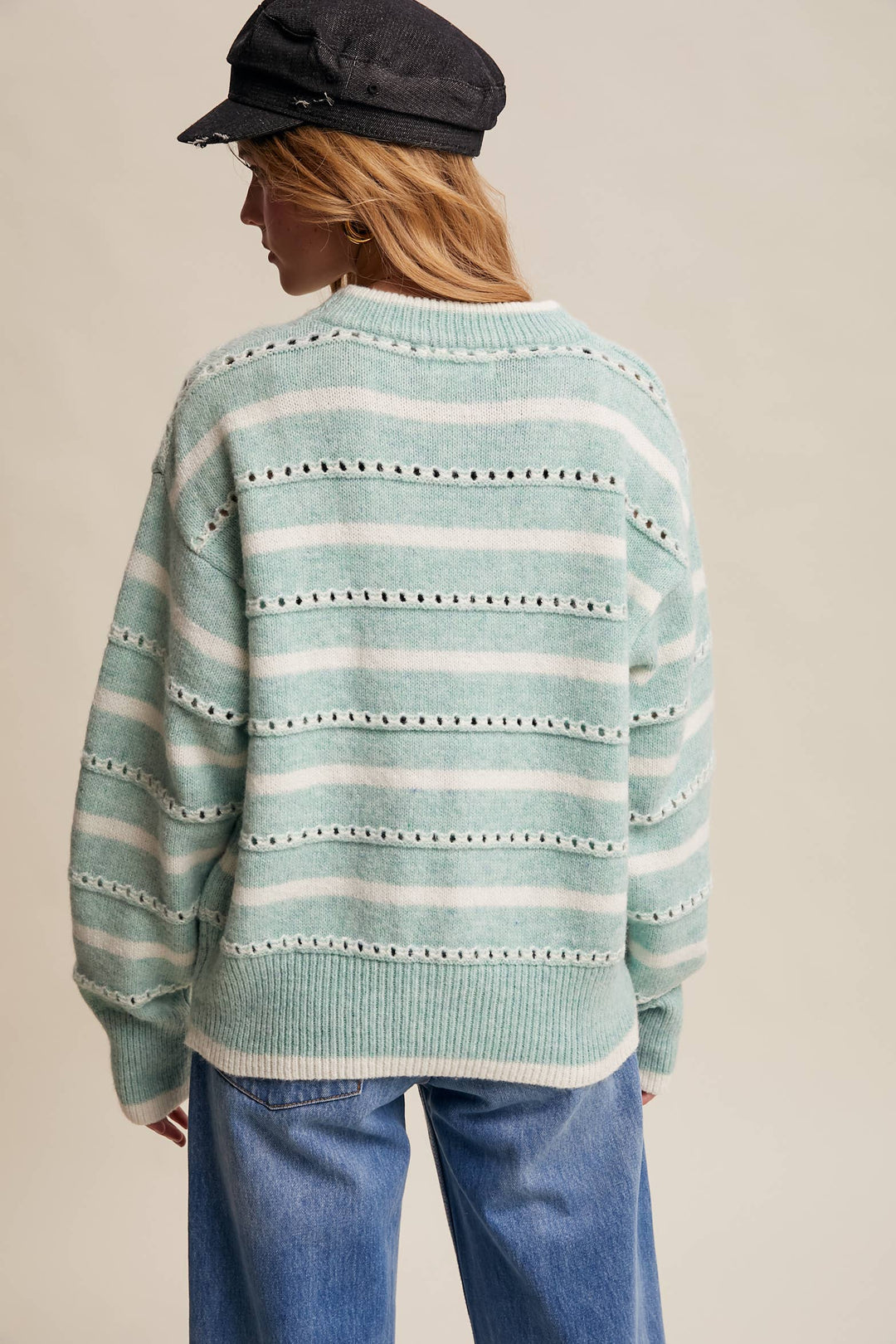 Striped Open-Stitch Pullover Sweater in Light Coral