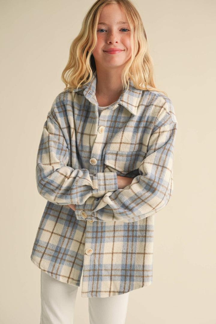 GIRLS BUTTON-UP PLAID SHACKET - Ivory/Lt. Blue