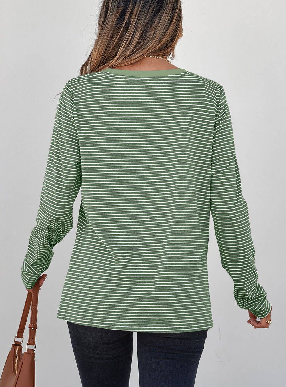 Green Stripe V Neck Stretchy Long Sleeve Top