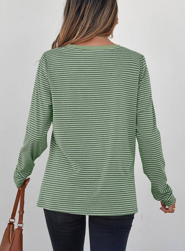 Green Stripe V Neck Stretchy Long Sleeve Top