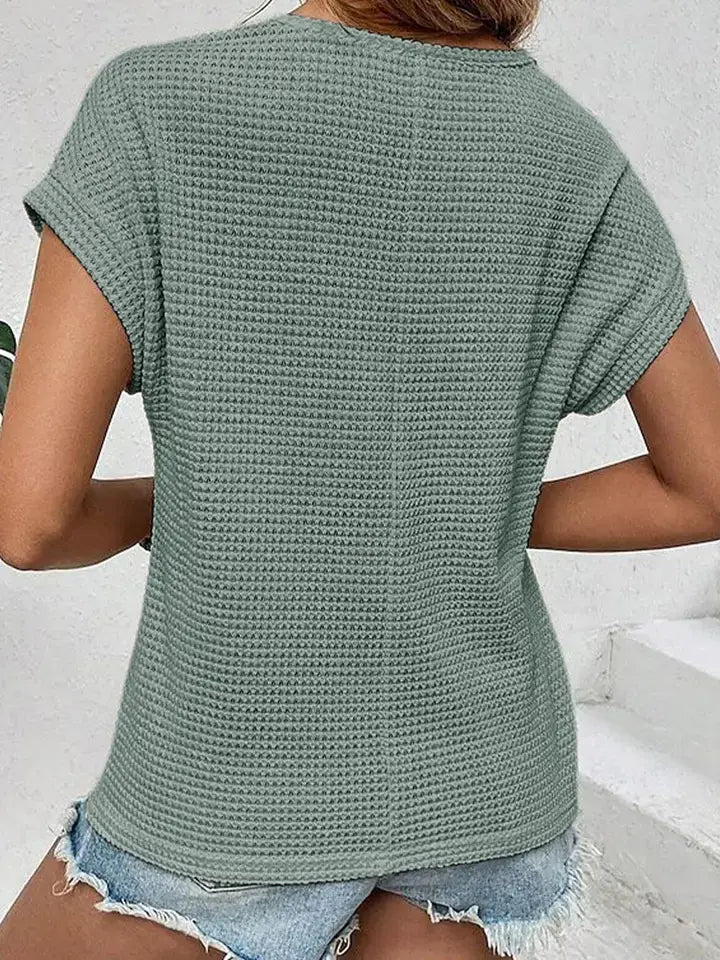 Women’s Lace Patchwork Waffle Knit Short Sleeve Top - Mist Green