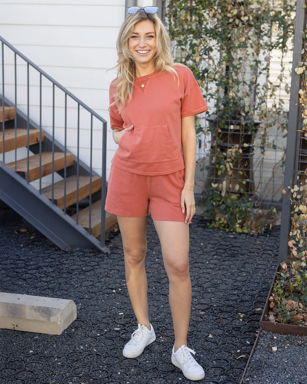 Grace and Lace Washed French Terry Short Sleeve Sweatshirt in Washed Coral