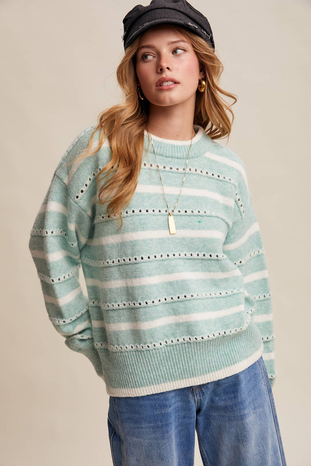 Striped Open-Stitch Pullover Sweater in Light Coral