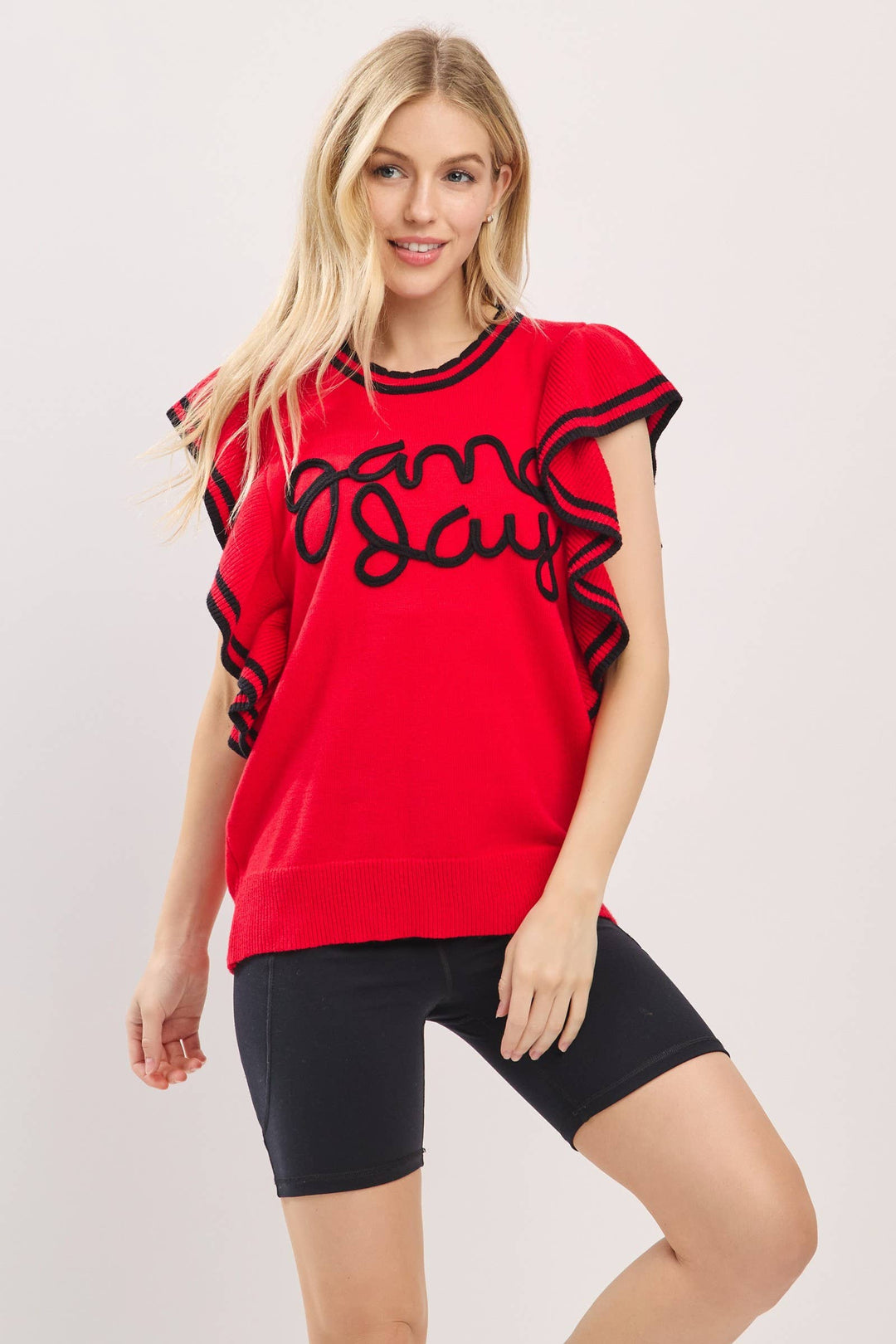 Ruffle Sleeve Varsity Gameday Knit Top -  Red/Black
