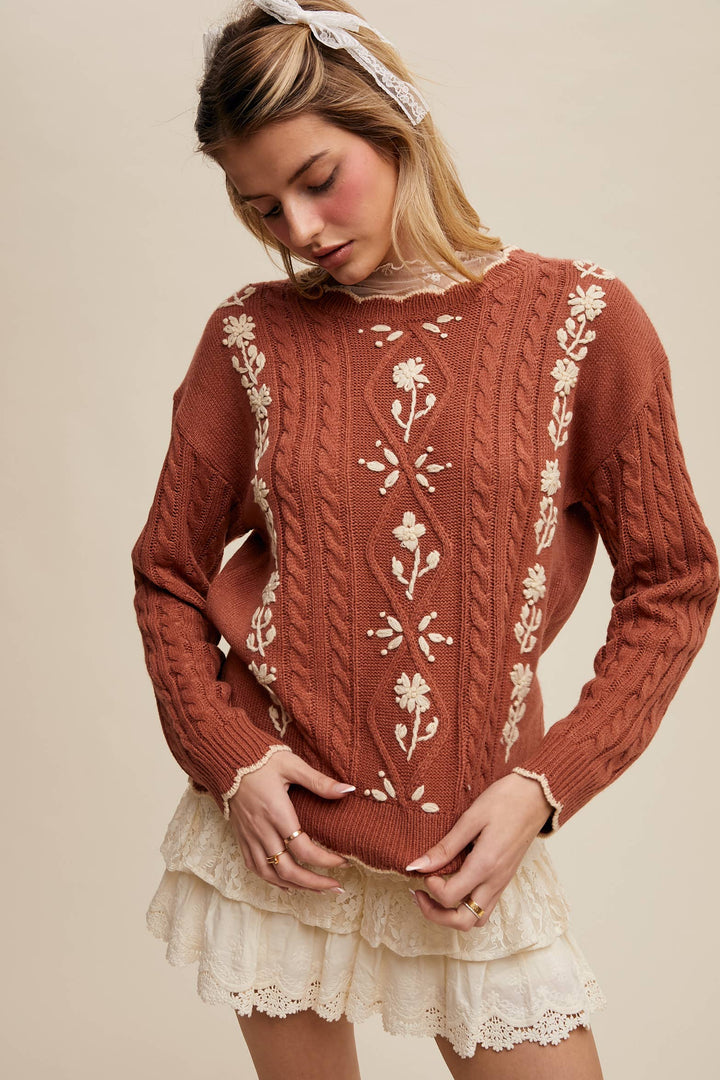 Autumn Garden Cable Knit Sweater in Terracotta