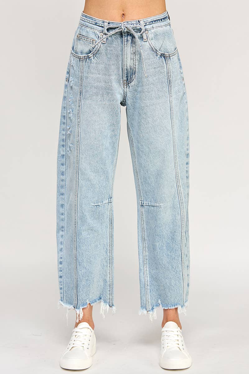 Stretch High Rise Tie-Waist Frayed Hem Barrel Jean  - Light Wash