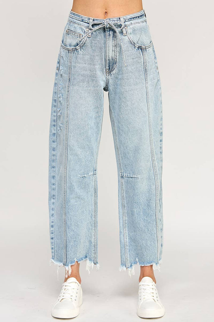 Stretch High Rise Tie-Waist Frayed Hem Barrel Jean  - Light Wash
