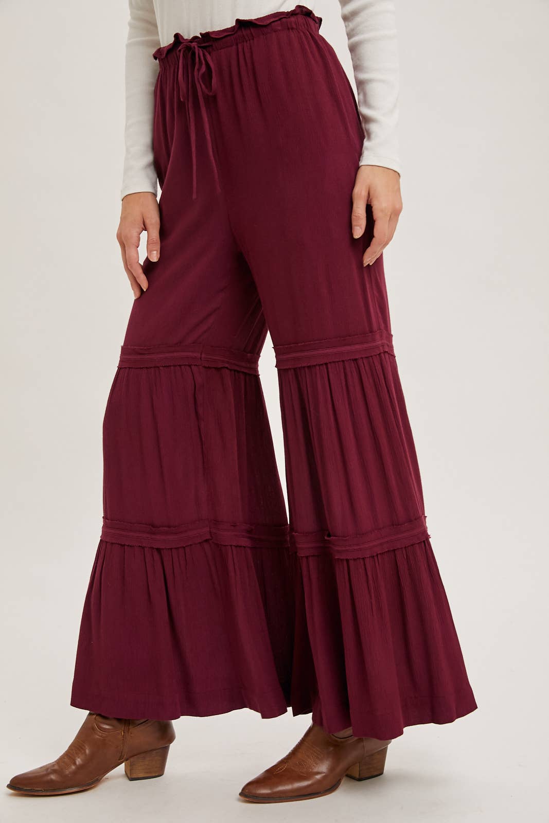 DRAWSTRING WAIST TIERED PALAZZO PANTS