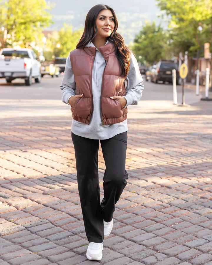 Grace and Lace Butter Faux Leather Puffer Jacket/Vest in Clay