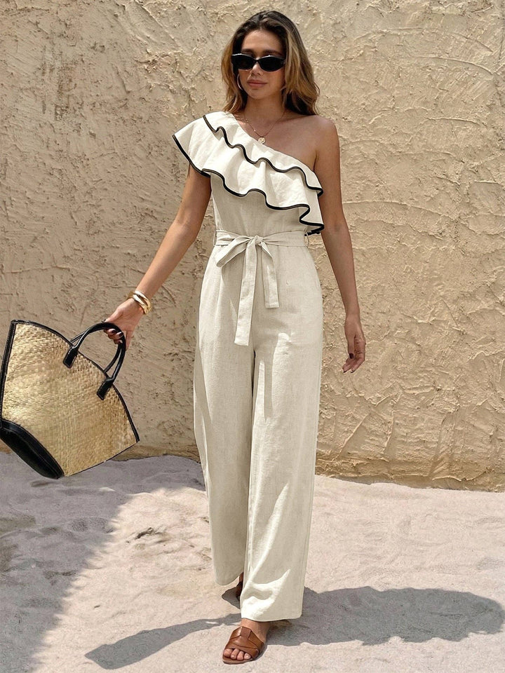 Women One Shoulder Ruffle Wide Leg Jumpsuit - Light Khaki
