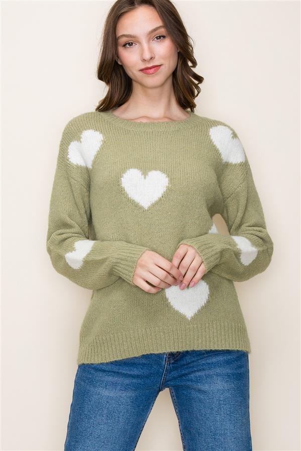 Soft Sage Sweater with Ivory Hearts