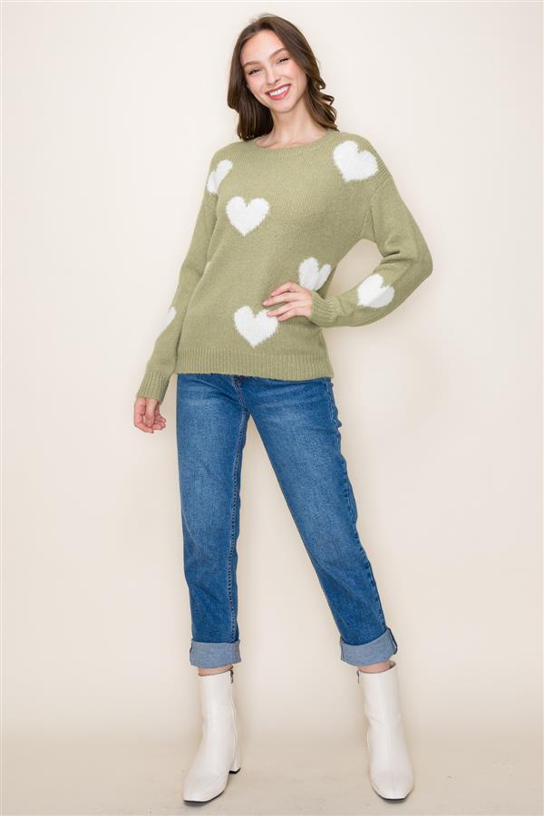 Soft Sage Sweater with Ivory Hearts