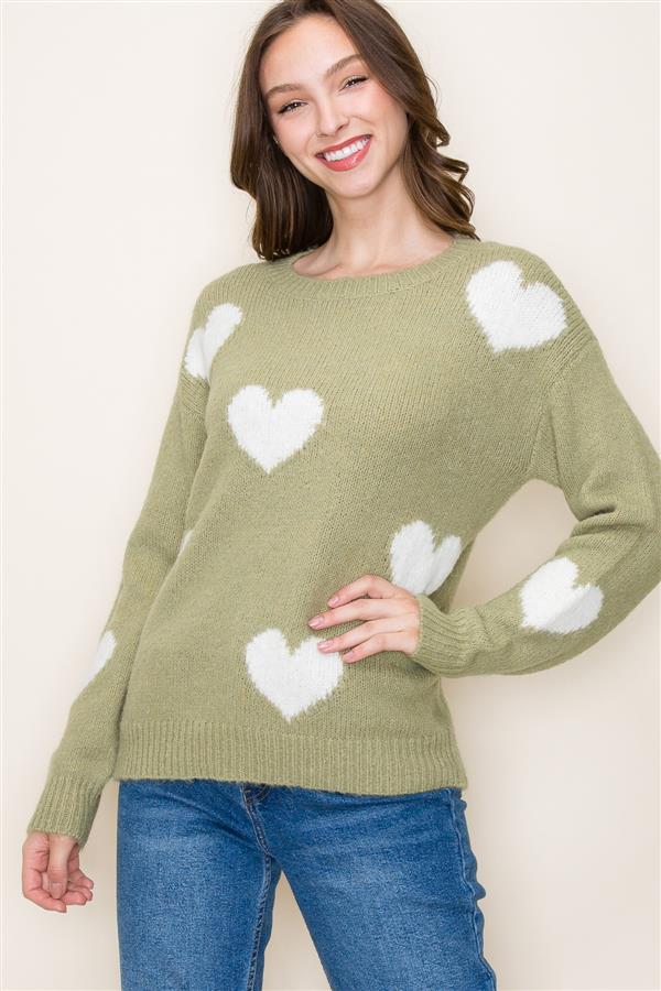 Soft Sage Sweater with Ivory Hearts