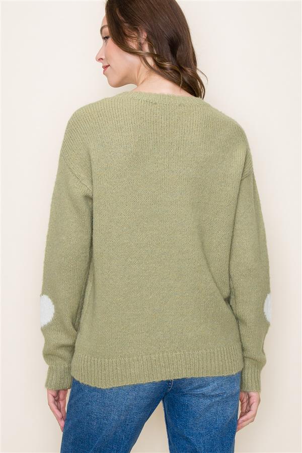 Soft Sage Sweater with Ivory Hearts