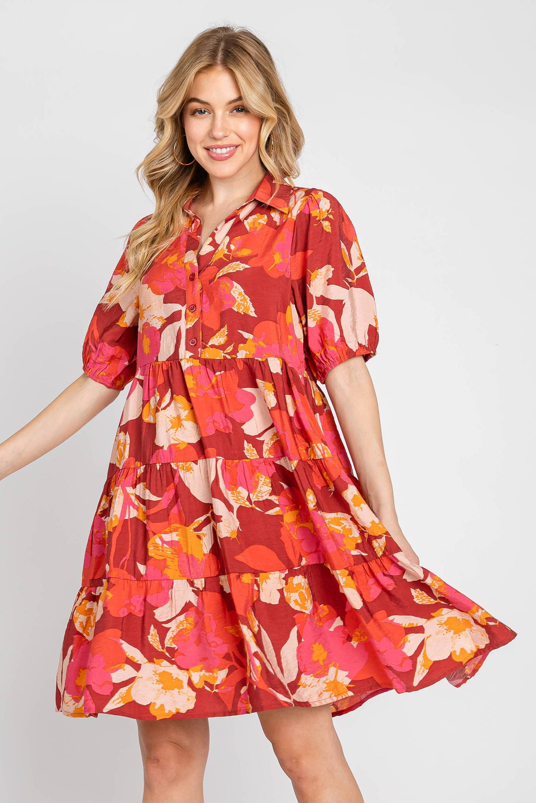 Vibrant Printed Puff Sleeve Tiered Dress