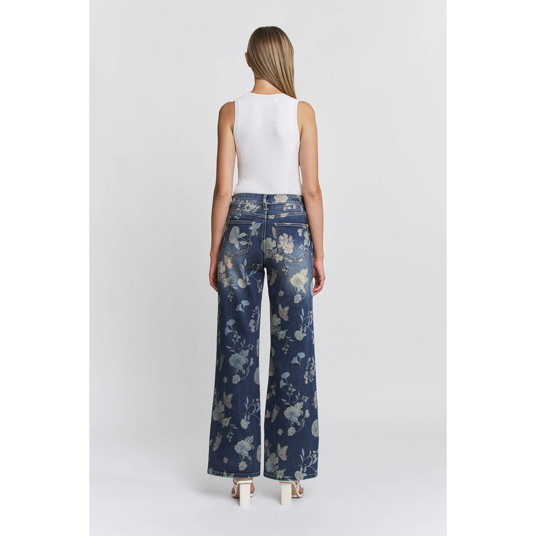 Mica Denim Brand Floral Print Wide Leg High Waist Denim Jeans
