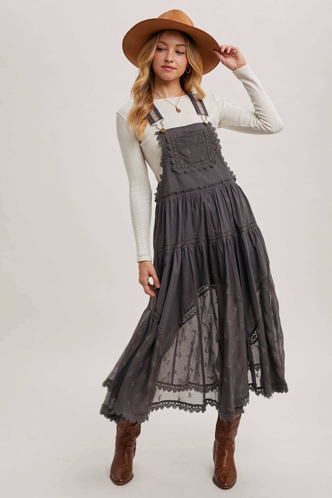 LACE EMBROIDERED TULLE BIB MAXI DRESS