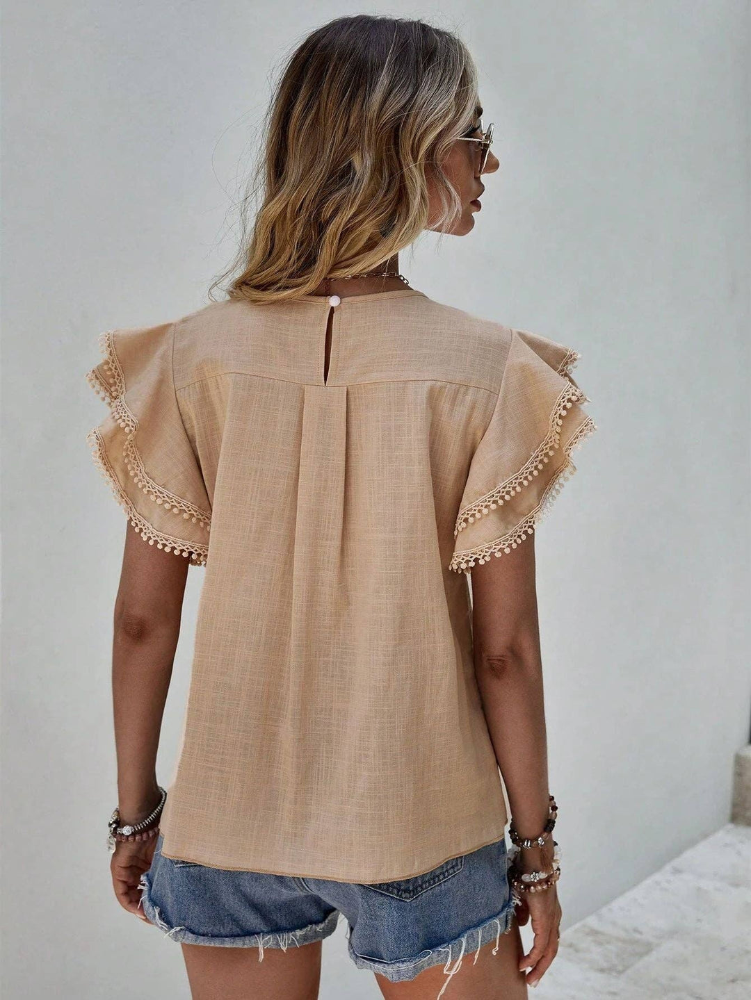 Women's Casual Ruffle Sleeve Round-Neck Summer Blouse - Khaki