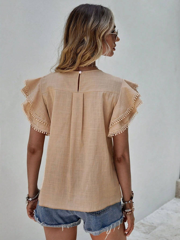 Women's Casual Ruffle Sleeve Round-Neck Summer Blouse - Khaki