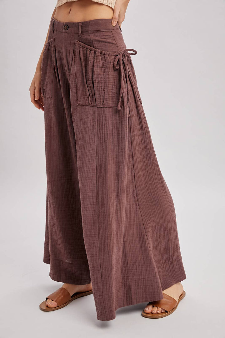 Patch Pocket Wide Leg Drawstring Pant - Mocha
