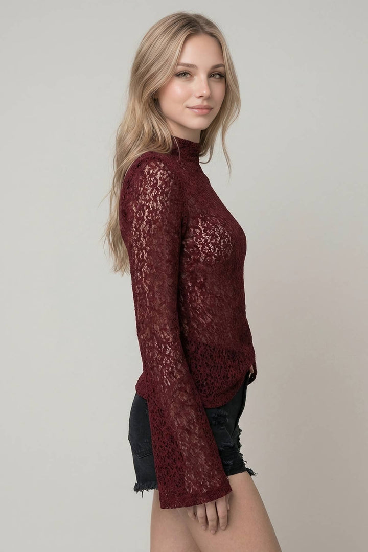 Laced with Love Mock Neck Top - Wine