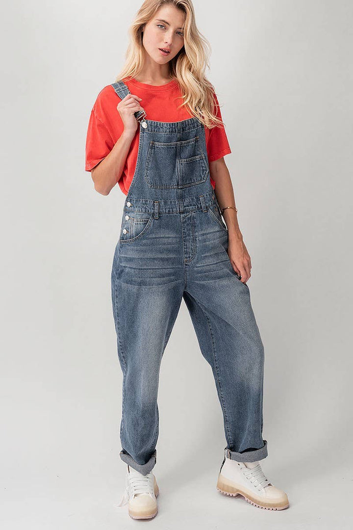 Relaxed Fit Denim Overalls Mid Wash