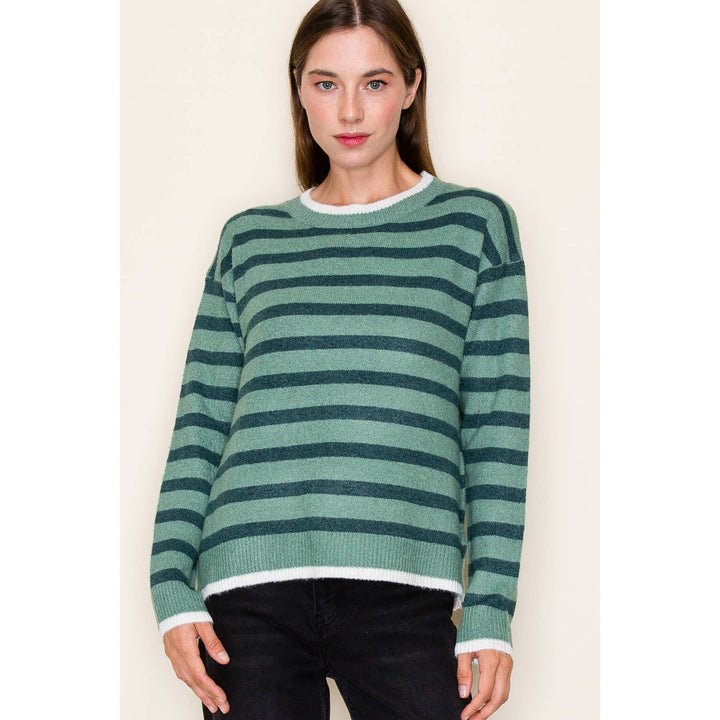 Striped Crew Neck Sweater in Jade