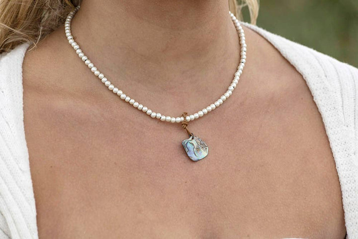 Abalone shell, leather & white magnetic hematite necklace