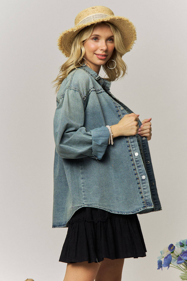 Oversized Denim Button-Up Shirt with Ornamental Embroidery