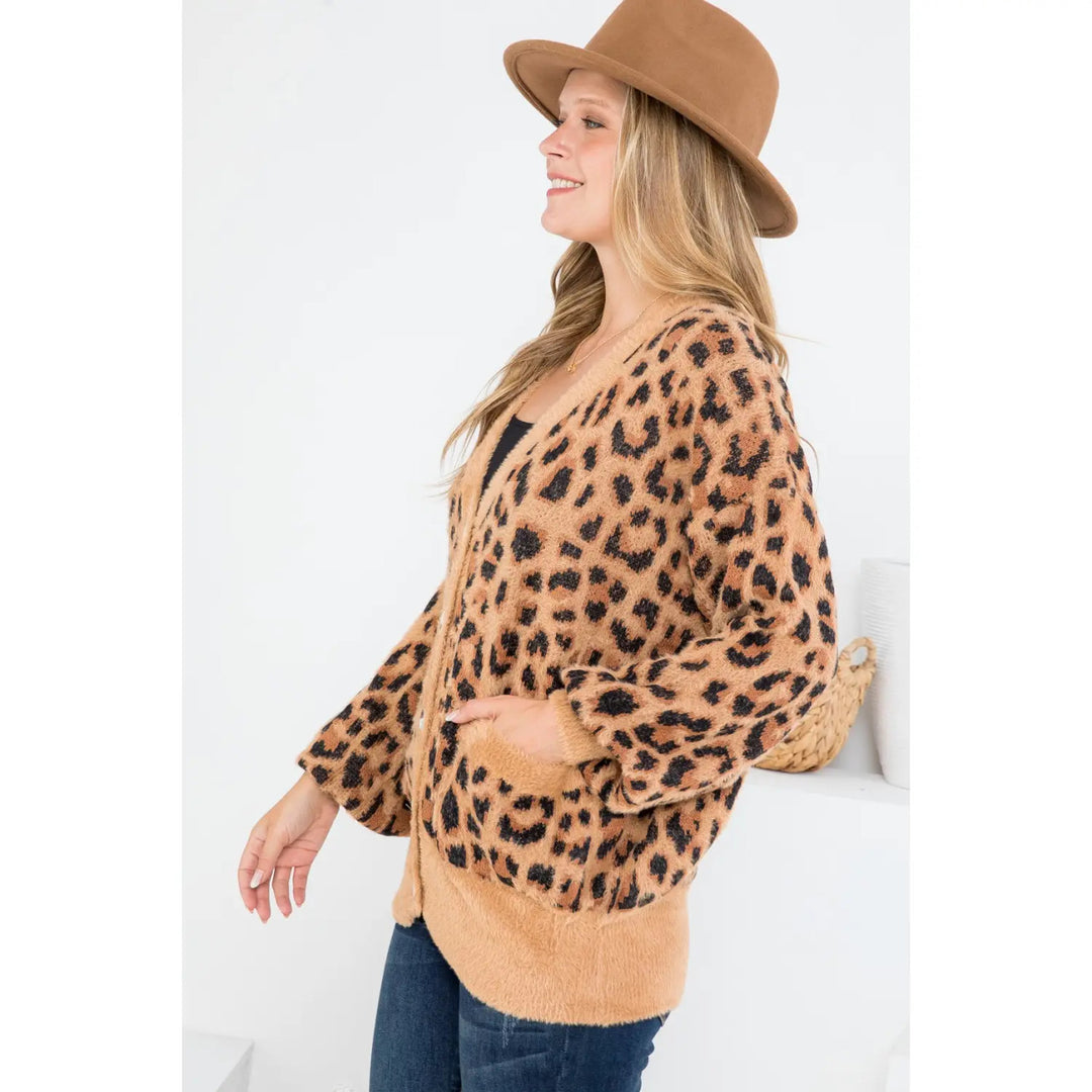 FURRY LEOPARD PATTERN BUTTON DOWN CARDIGAN