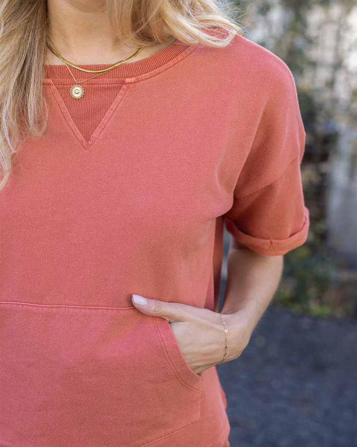 Grace and Lace Washed French Terry Short Sleeve Sweatshirt in Washed Coral