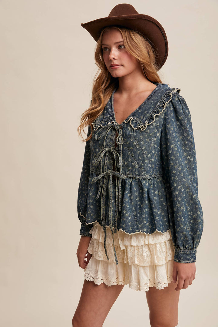 Ruffle Collar Tie-Front Denim Blouse