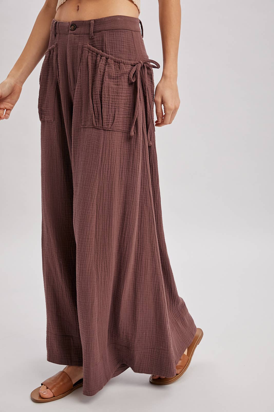 Patch Pocket Wide Leg Drawstring Pant - Mocha