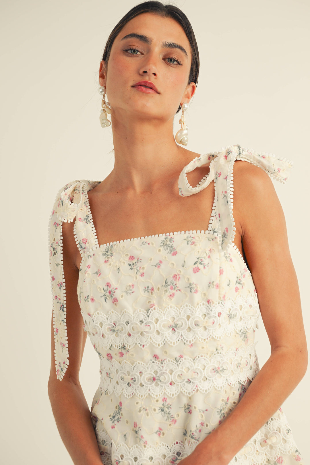 Giada Square Neck Tie Strap Floral Eyelet Mini Dress
