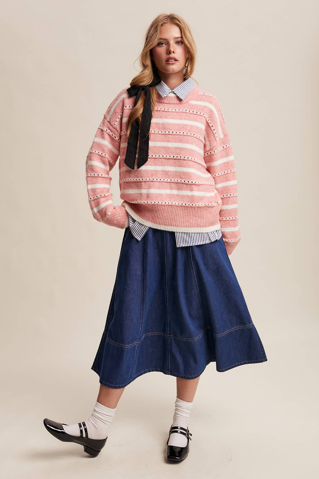 Striped Open-Stitch Pullover Sweater in Light Coral
