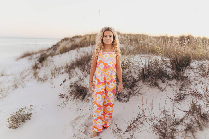 Kids Tangerine & Pink Retro Floral Jumpsuit With Pockets