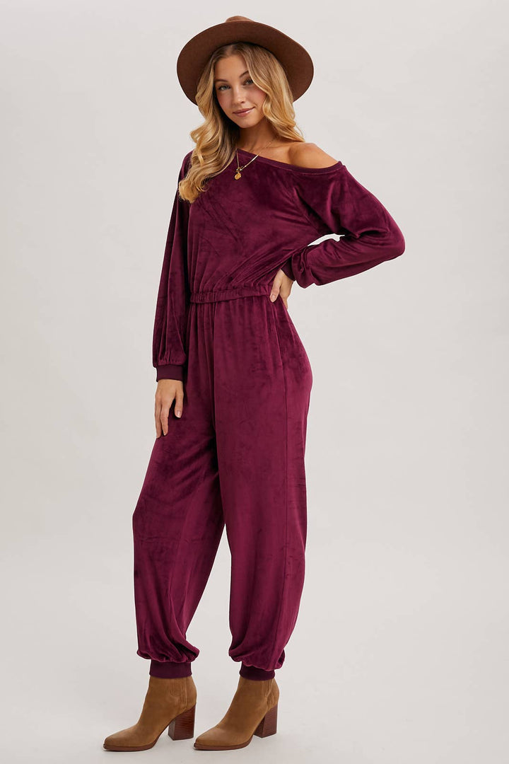 VELVET ONE SHOULDER BOAT NECK JUMPSUIT