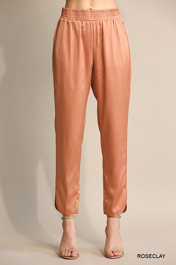 Solid Satin & Elastic Waist Pants W/Side Slits & Pock- In Rose Clay