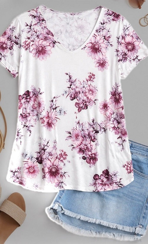 Spring Bloom Soft Stretch V-Neck Tee - Ivory/Purple