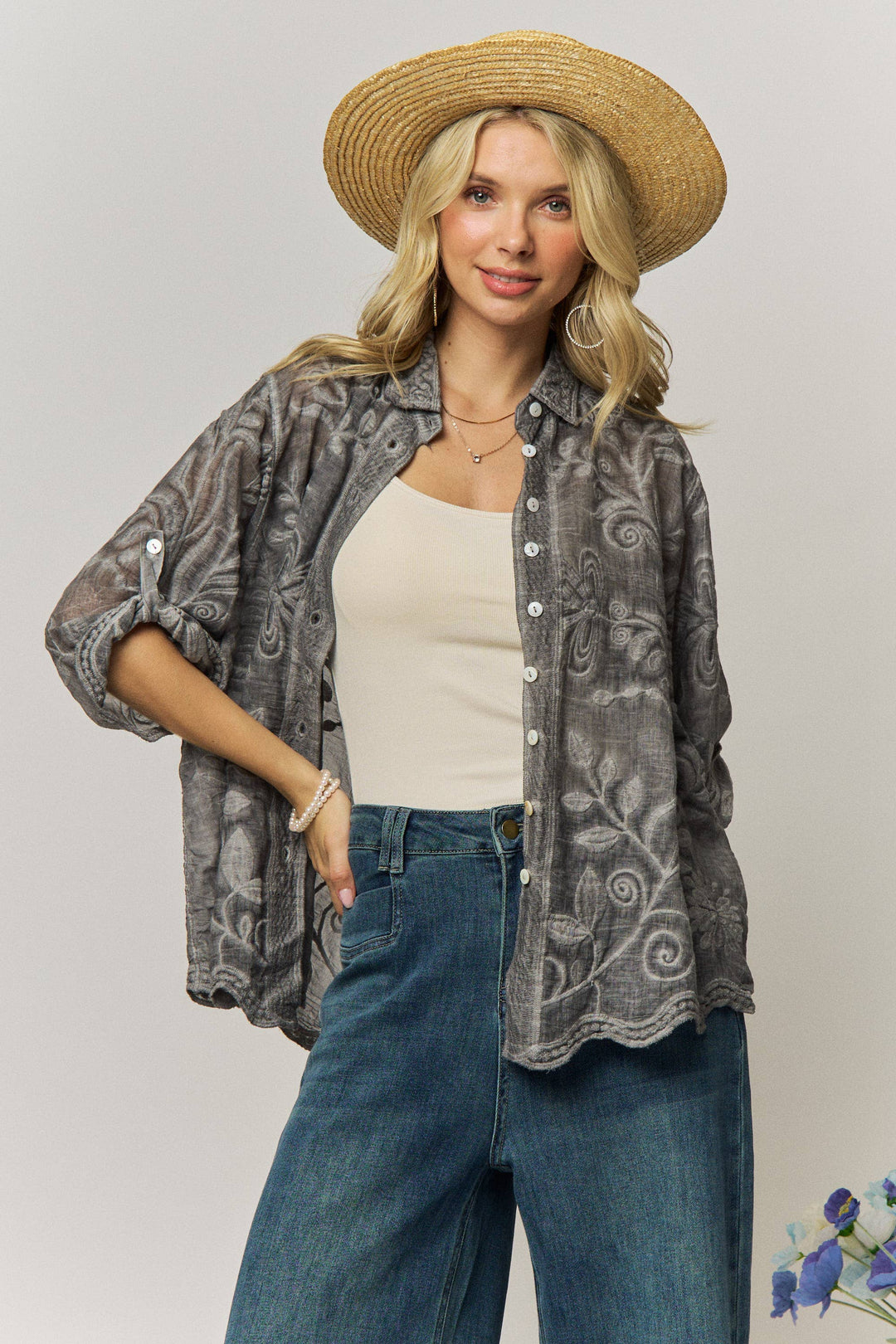 Wildflower Wanderer Mocha Button-Down Blouse