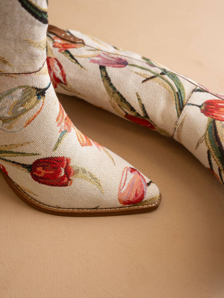 The Tesha | Beige Tulip Floral Cowboy Boot