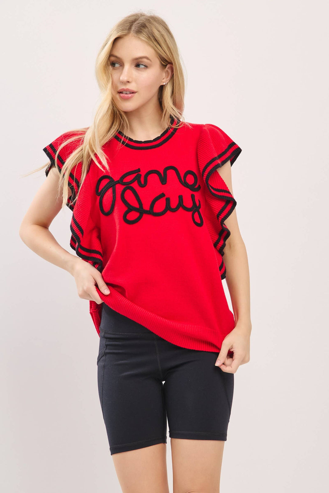 Ruffle Sleeve Varsity Gameday Knit Top -  Red/Black