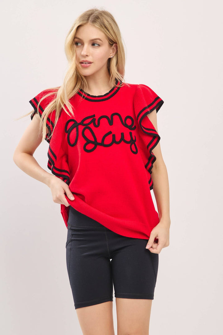 Ruffle Sleeve Varsity Gameday Knit Top -  Red/Black