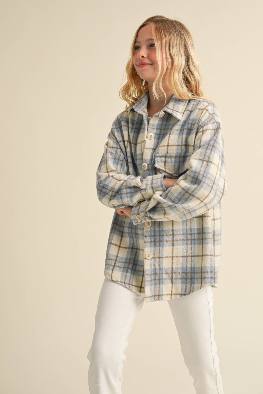 GIRLS BUTTON-UP PLAID SHACKET - Ivory/Lt. Blue