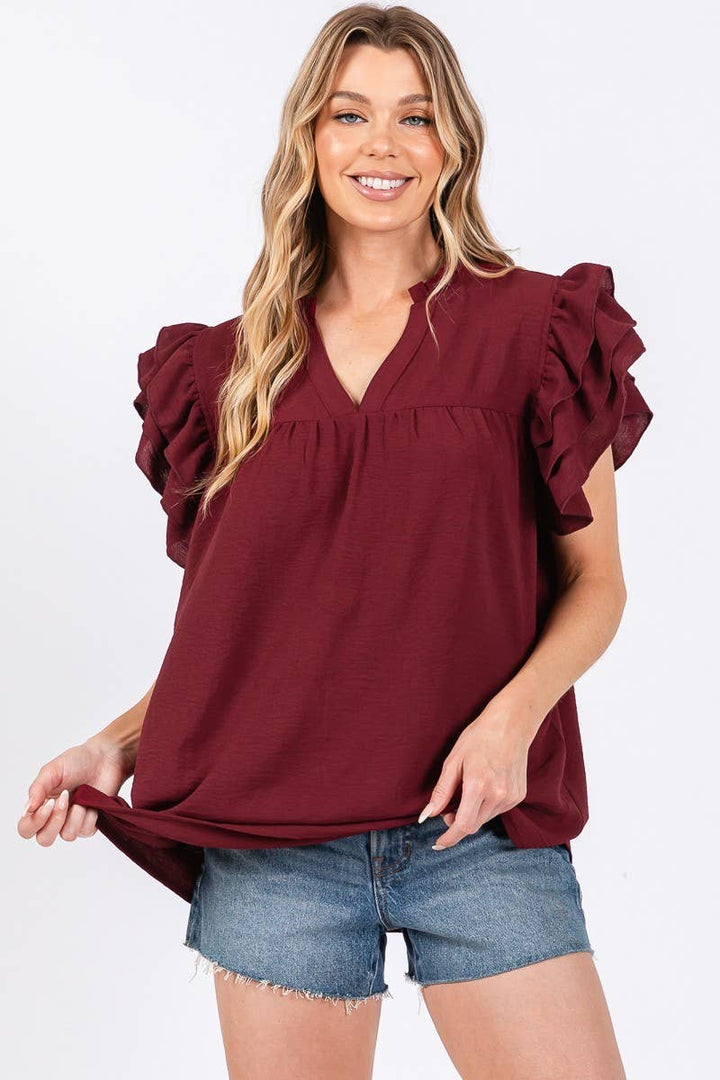 AIRFLOW OVERSIZED RUFFLE SLEEVE BLOUSE - BURGUNDY