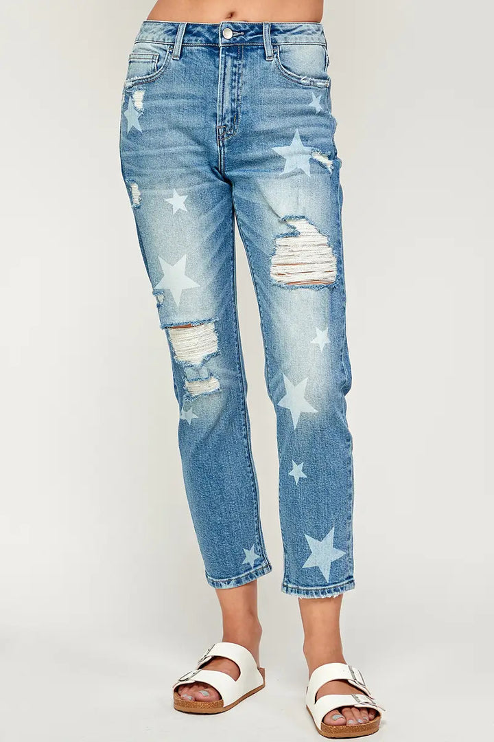 I&M Jeans - Distressed Stretch Mom Jeans w/ Stars - Medium Wash